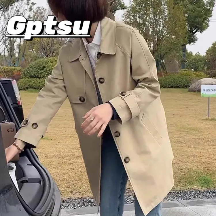 GPTSu休闲气质中长版风衣外套女2025春秋款宽松英伦风小个子大衣