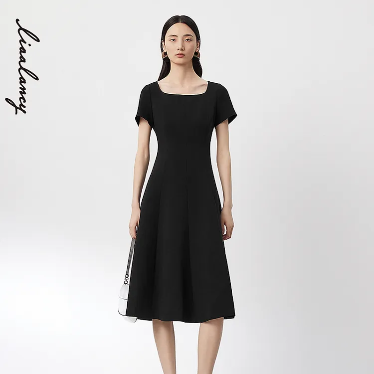 LANCY/朗姿2025春夏新款醋酸极简方领收腰优雅连衣裙中长裙子女