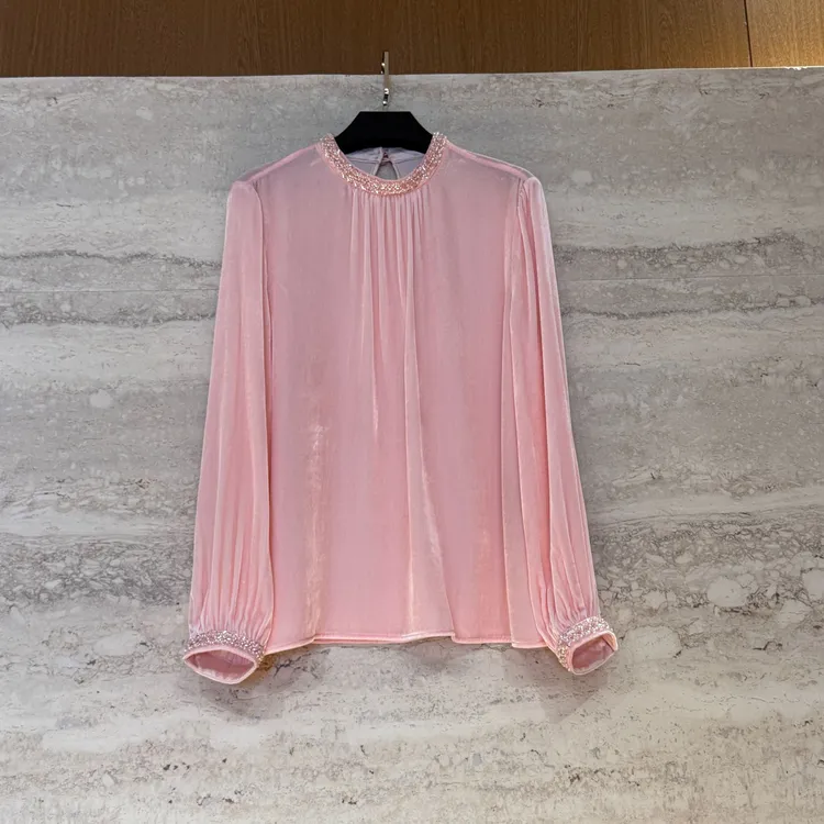 TANTAN 时尚长袖百搭圆领粉色春季100真丝丝绒衬衫4682