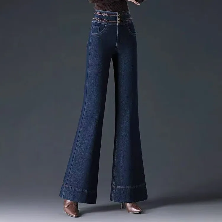 丹宁蓝阔腿牛仔裤女2025年春秋新款高腰微喇显瘦直筒大喇叭裤ins