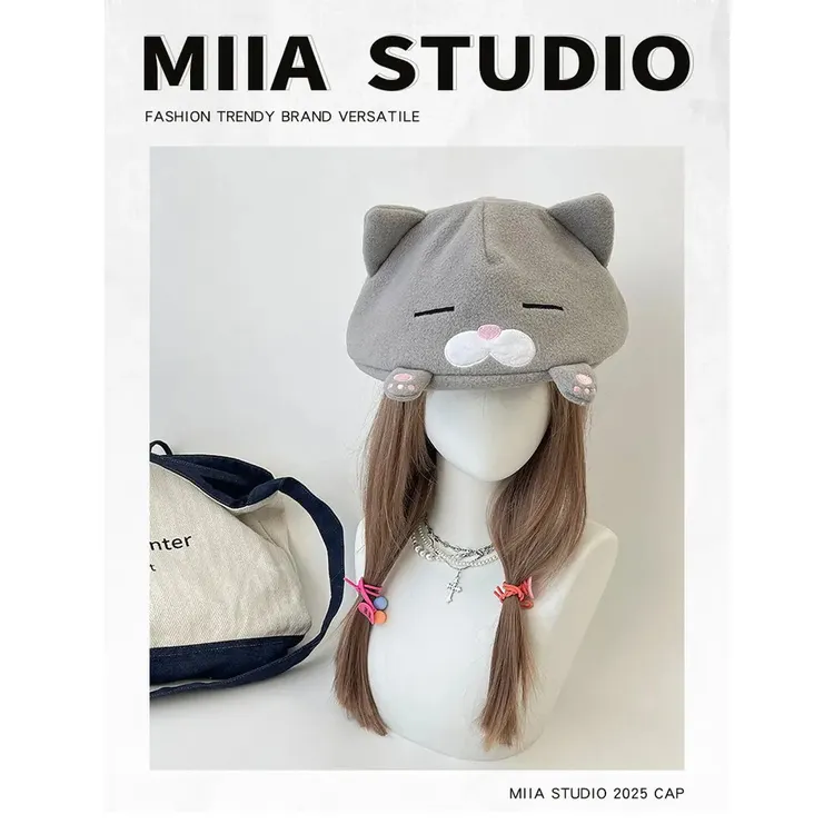 日系可爱慵懒瞌睡小猫毛绒绒小爪耳朵帽子女秋冬贝雷帽八角画家帽