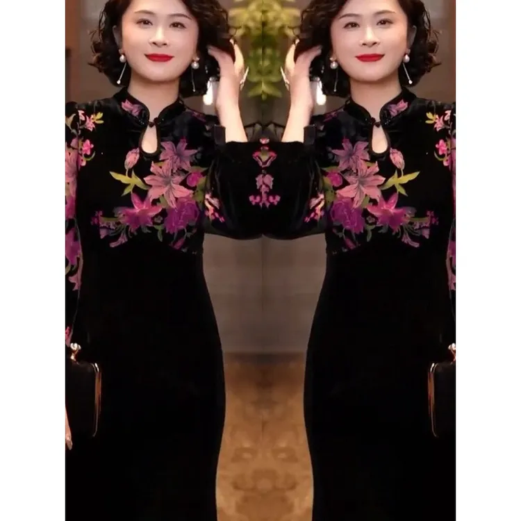 新款2024春季复古轻熟风旗袍裙丝绒印花拼色性感气质显瘦连衣裙女