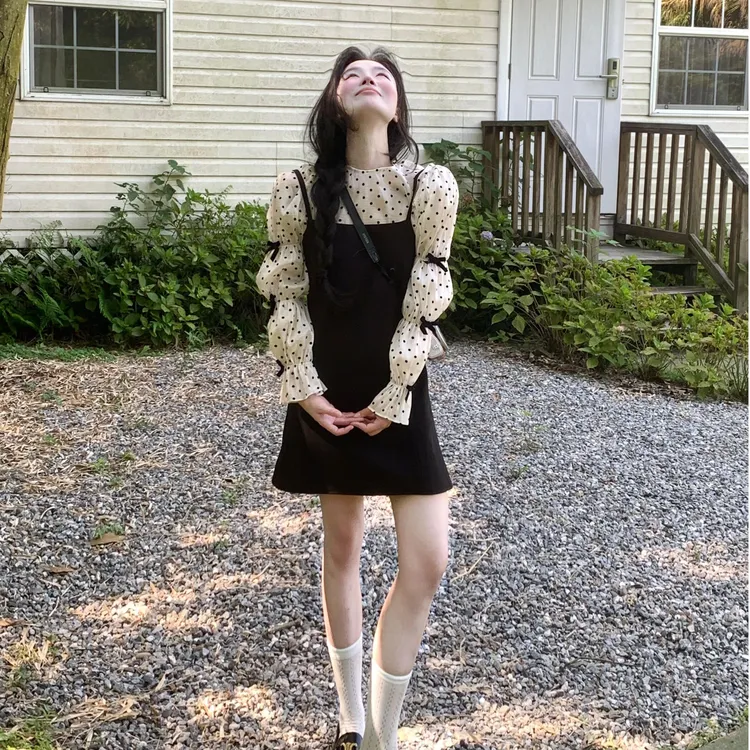 韩系时尚套装女秋季2025新款长袖套头衬衣显瘦吊带连衣裙两件套潮