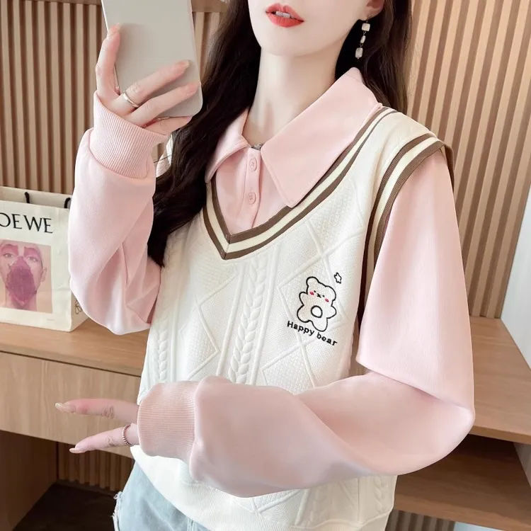 假两件哺乳衣polo衫卫衣春秋季新款宽松小个子产后设计感喂奶上衣