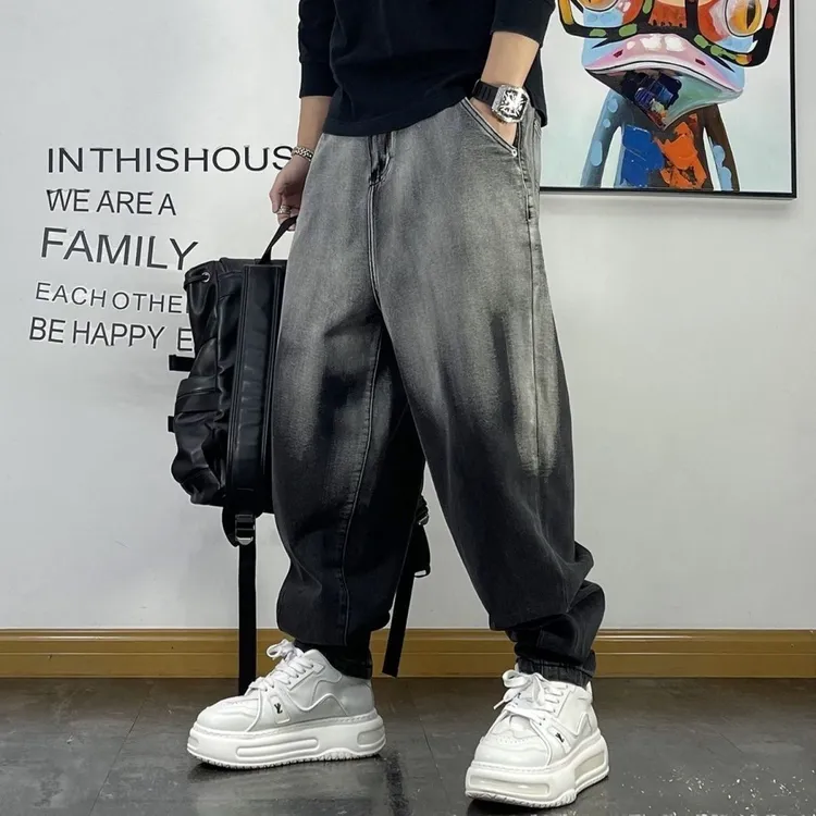 大码男装渐变色潮牌新款百搭水洗工装牛仔大码男士冰丝宽松短裤