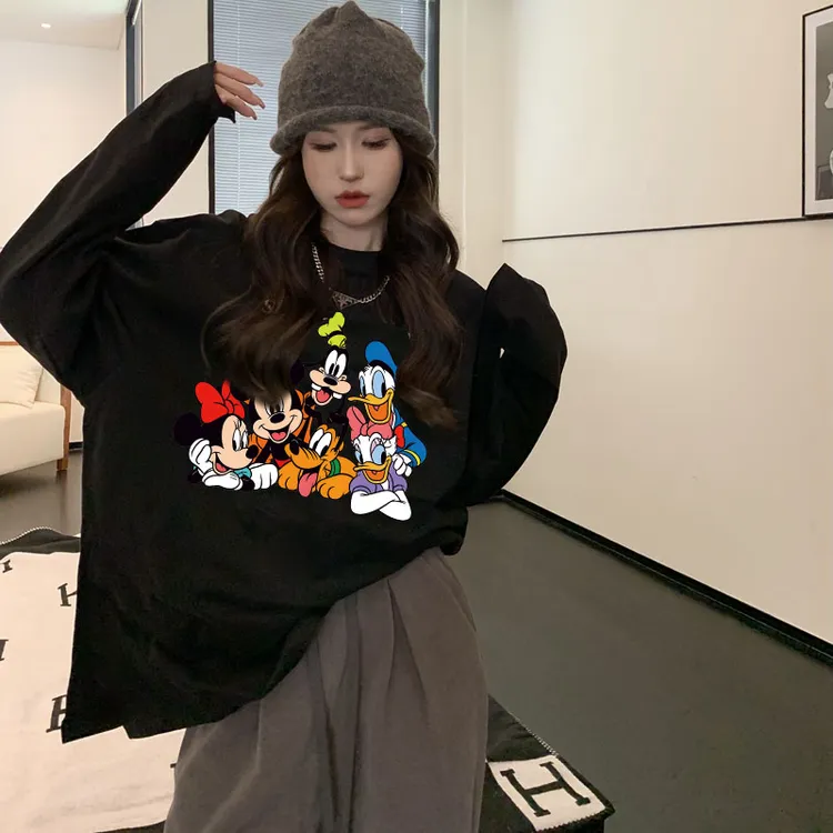 港风ins唐老鸭潮牌百搭t恤上衣洋气女装纯棉长袖打底衫出游服装女