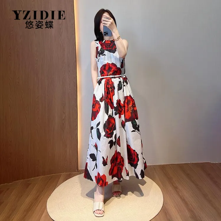 YZIDIE花 意M红色印花皮带收腰棉质圆领背心裙 优雅气质连衣裙新