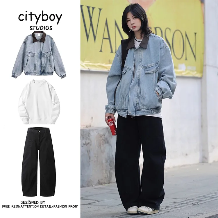 一整套/日系复古翻领牛仔夹克男女生款休闲宽松拼色潮流春秋外套