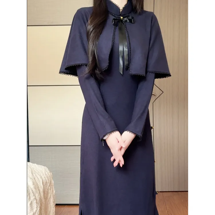 藏蓝复古新中式改良长袖旗袍女2025秋季新款斗篷式气质优雅年轻款