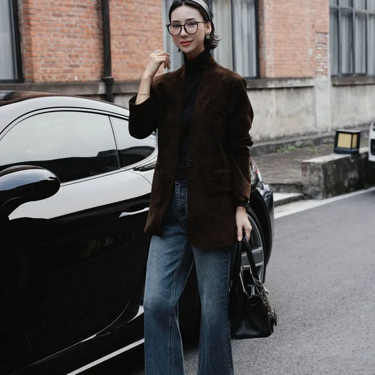 TT设计师【精致翘楚】复古高级绒面羊皮革西装外套女TT191298