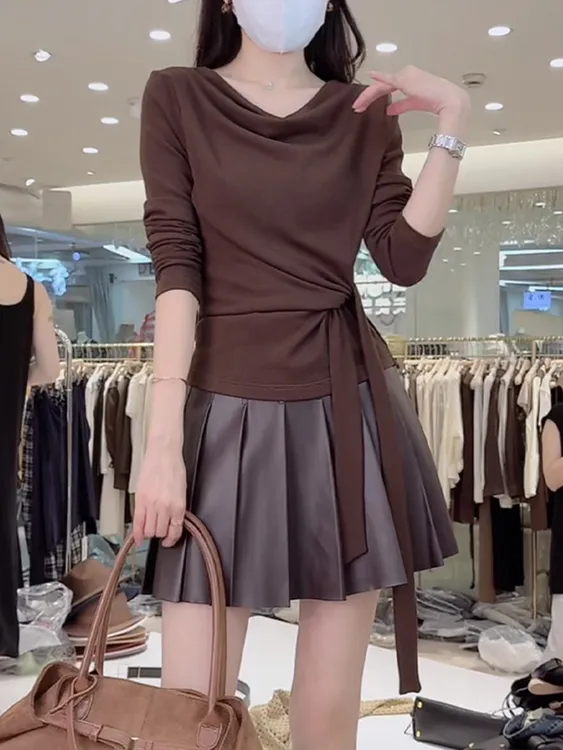 高级感荡领长袖t恤女2025早秋新款时尚气质洋气减龄系带收腰上衣