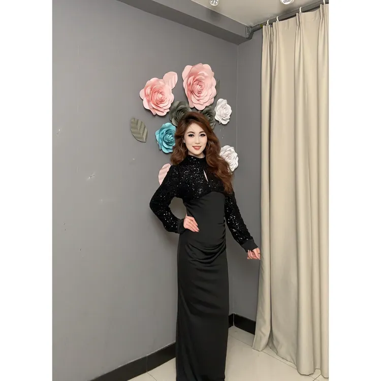 5957【包邮】亮片拼接气质显瘦长款女装连衣裙