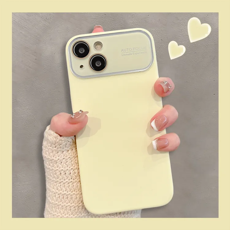 高级感纯色液态硅胶适用iphone14promax奶油黄手机壳15苹果13带镜