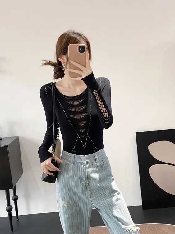 辣妹时尚镂空薄款街头风潮牌设计女装镂空网红内搭外穿黑连体上衣