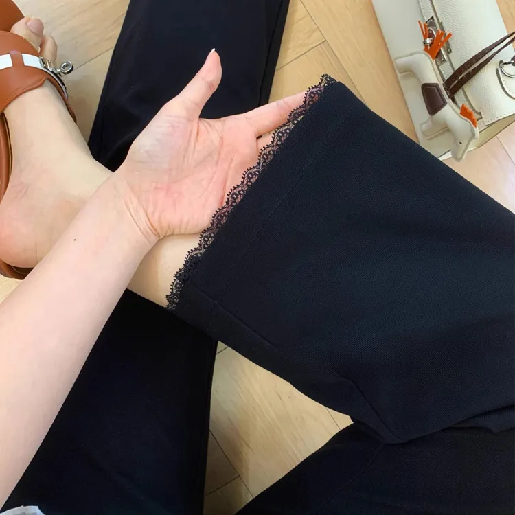 黑色蕾丝边弹力休闲裤胖mm高腰显瘦梨型身材弹力小个子穿搭小黑裤