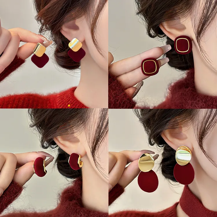 铜合金耳饰 复古酒红色丝绒耳钉女秋冬轻奢高级感耳环新年耳饰潮