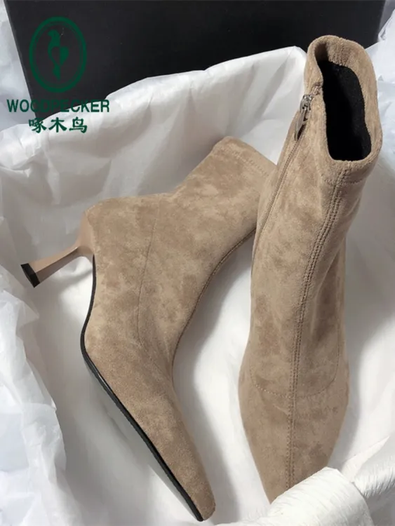 啄木鸟法式尖头瘦瘦靴女2025秋冬新款高跟细跟马丁靴简约通勤短靴