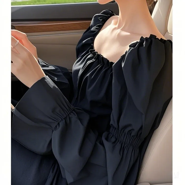 法式泡泡衬衫绿色新款长袖雪纺方领2025温柔气质漂亮独特上衣