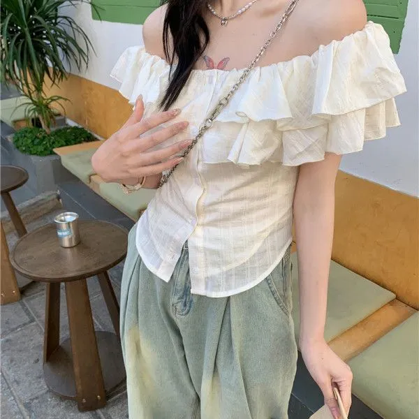 杏色法式一字领荷叶边短袖衬衫女夏季2025新款甜美风修身短款上衣