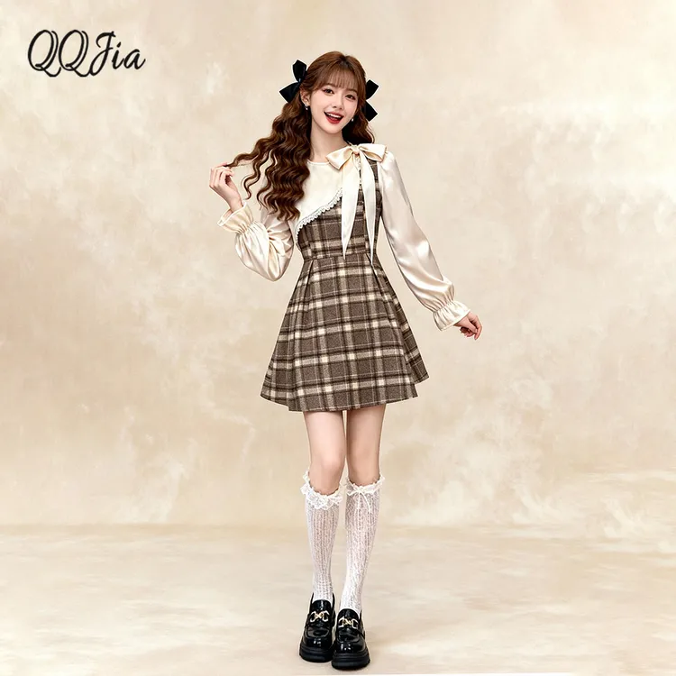 1136咖色格子连衣裙女秋冬小个子千金内搭打底重要场合漂亮裙子