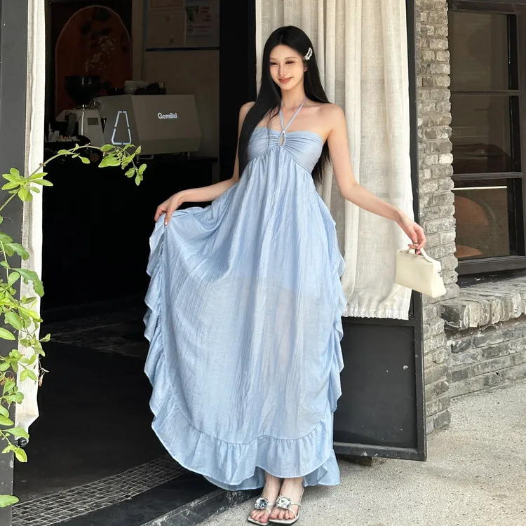 Malou 空灵蓝调荷叶边显瘦高腰挂脖吊带裙女 飘逸度假裙K25D72178