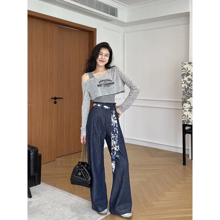 【现货】张阿星美式拼接假两件字母印花背心罩衫+腰带垂感直筒裤