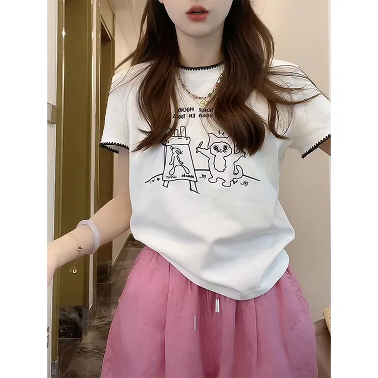 2025夏日新款卡通趣味印花短袖T恤女圆领宽松休闲百搭休闲上衣
