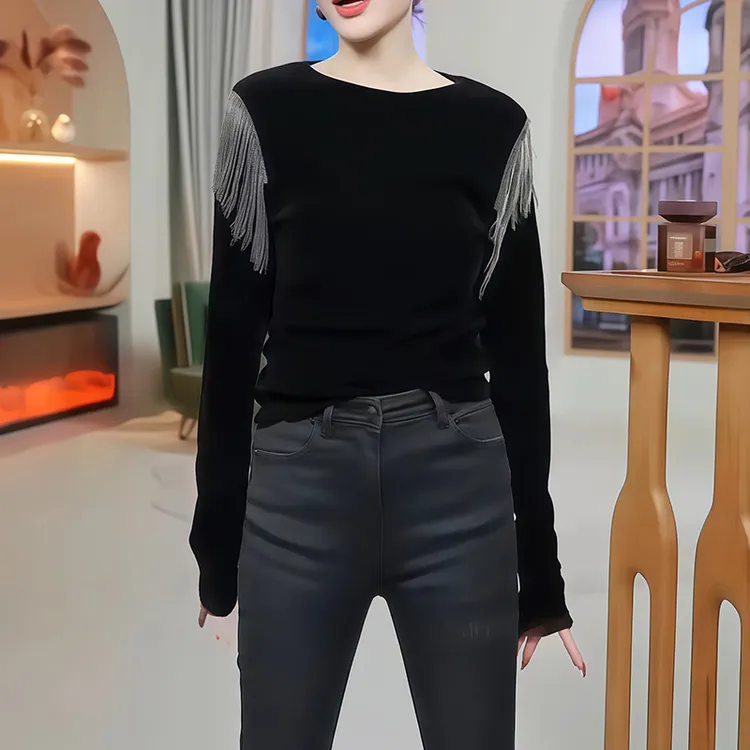 别致设计感时尚秋冬T恤高级感重工流苏拼接丝绒气质圆领长袖上衣