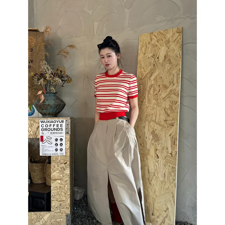 韩版红白撞色条纹罩衫短袖针织衫女夏季气质复古显瘦正肩独特上衣