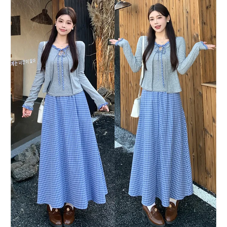 大码胖mm女装韩版针织拼接格子打底衫套装秋款百搭格子裙三件套女