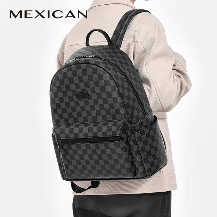 美式双肩包男复古格子上班大学生潮流大容量电脑商务书包旅行背包