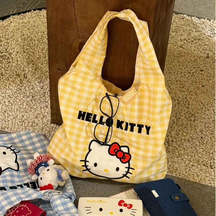 HelloKitty格子刺绣帆布包2025新款可爱休闲单肩包手提通勤百搭包