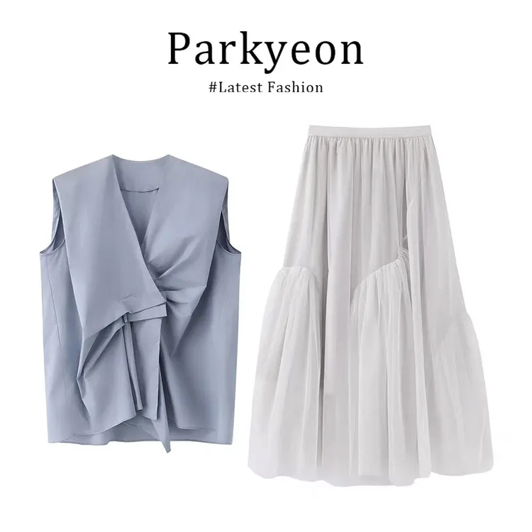 parkyeon温柔气质v领不规则褶皱衬衫女2025夏季设计感半身裙套装