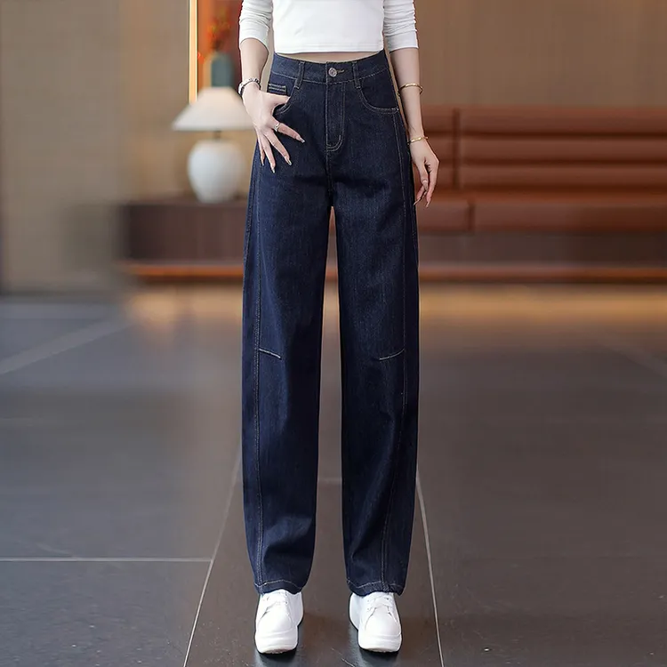 丹宁蓝弯刀牛仔裤女2025春秋新款高腰显瘦宽松垂坠感复古直筒裤子