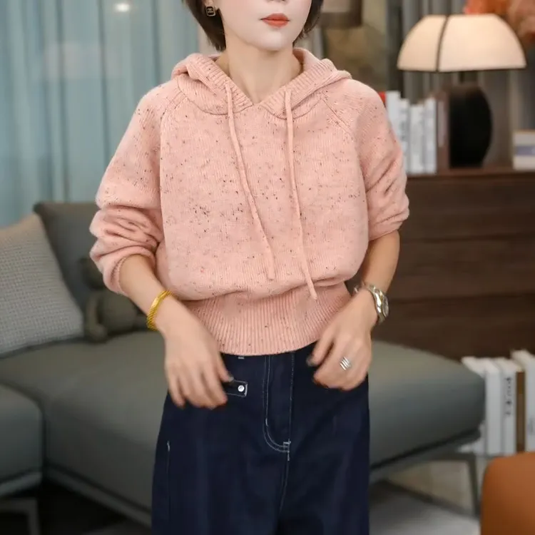 软糯baby 秋冬新款百搭上衣慵懒风连帽气质套头针织衫LK2506749