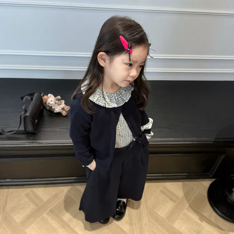 壹妈韩系童装女童时尚套装秋季新款洋气儿童百搭针织开衫碎花上衣