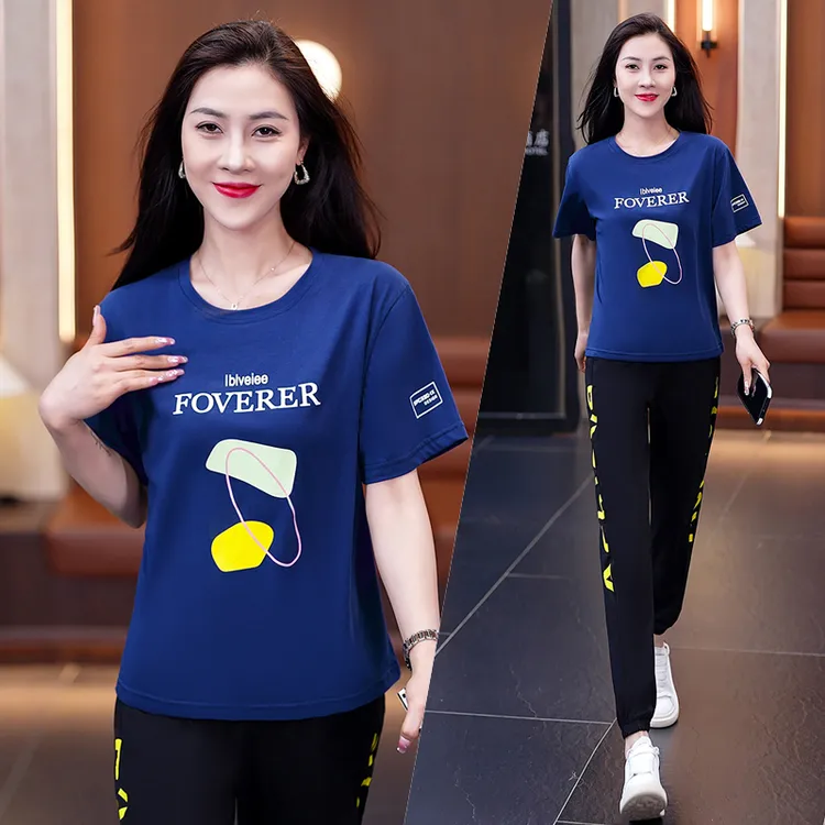 减龄圆领印花休闲运动套装女时尚显瘦简约透气短袖女松紧裤两件套