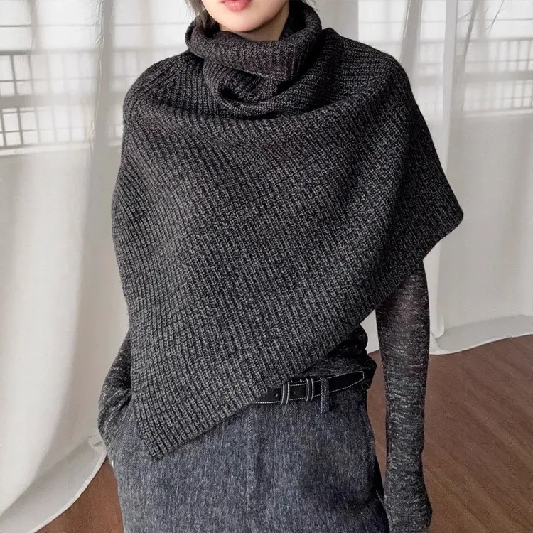 高品质叠穿外搭秋冬高领针织围脖时尚韩版百搭高级纯色保暖披肩