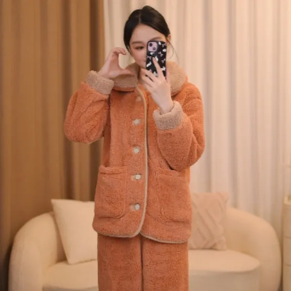 【爱马橙高定茶色】秋冬新款女士加厚雪花绒家居服可外穿法兰绒睡衣