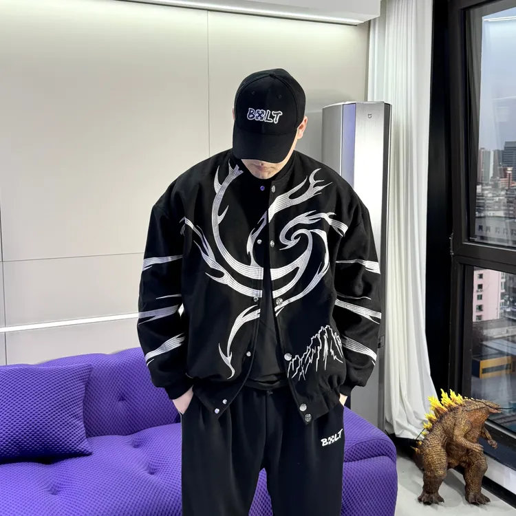 BXLT原创申公豹同款裂空漩涡豹子缎面刺绣毛呢休闲运动棒球服外套