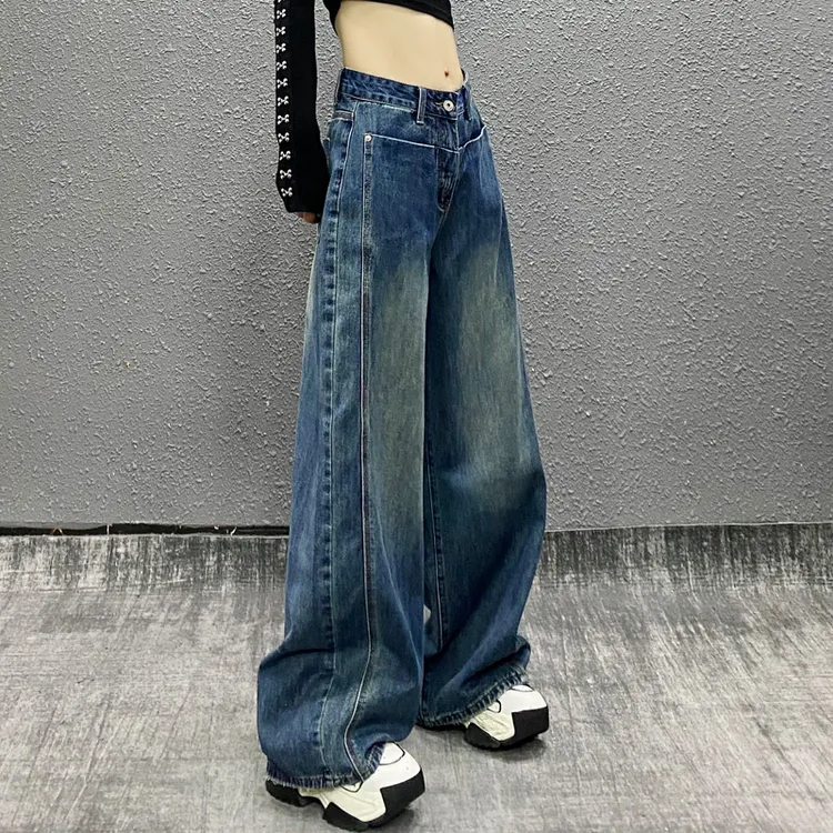 个性拼接口袋设计牛仔裤女2025秋新款高腰宽松显瘦百搭直筒阔腿裤