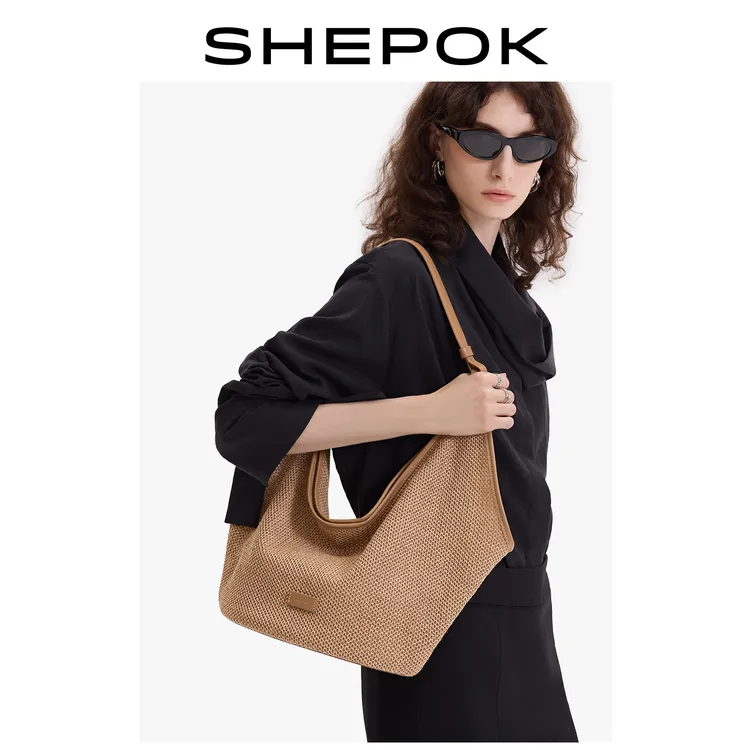 SHEPOK拉菲草包托特包链条编织包单肩包水桶小拎包度假旅行