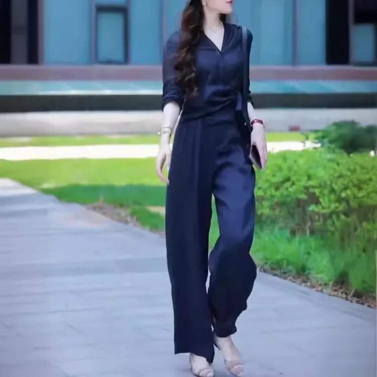 新款高级感V领系带上衣高腰阔腿裤显瘦女套装