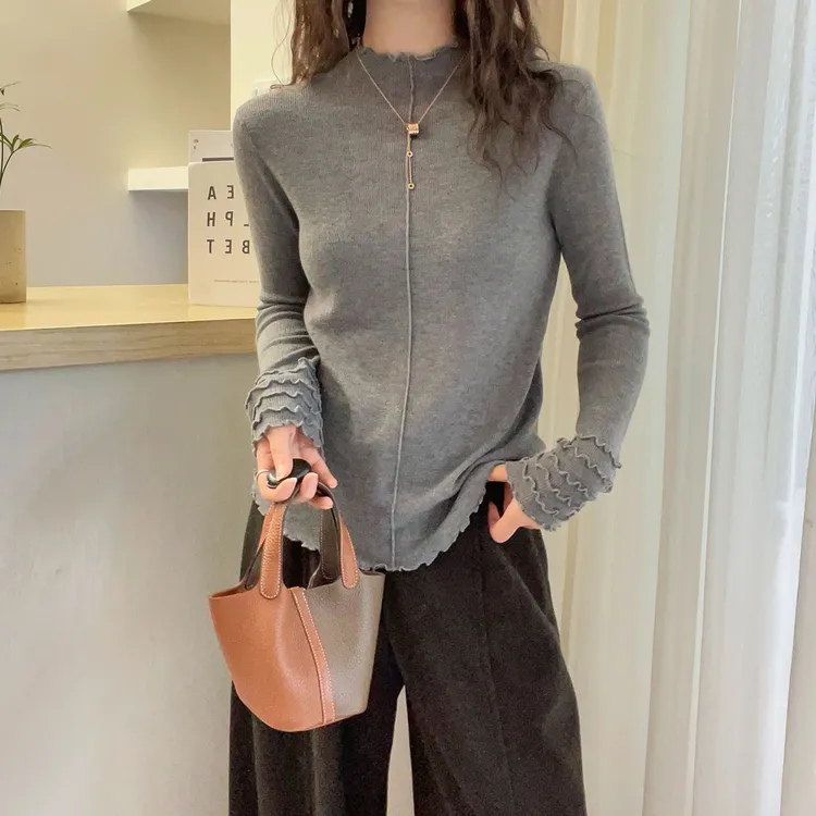 小半高领木耳边毛针织衫女装欧洲站秋冬季新款欧货时尚打底衫上衣