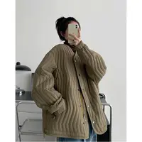 秋冬纯色韩系竖纹绗缝棉衣女宽松圆领保暖夹克棉服外套加厚