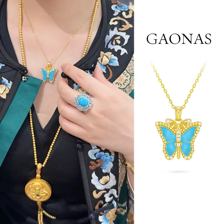 GAONAS 镀K金合成锆石项链 蓝色凤蝶 灵动美蝴蝶金色项链11316XB