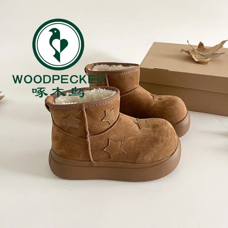 啄木鸟网红厚底增高雪地靴女款2025冬季新款防滑短筒加绒保暖棉鞋