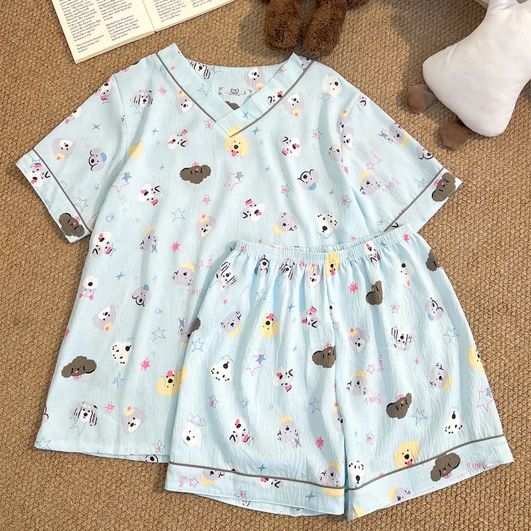 夏季新款小狗派对卡通云朵棉睡衣女可爱短袖少女学生家居服可外穿