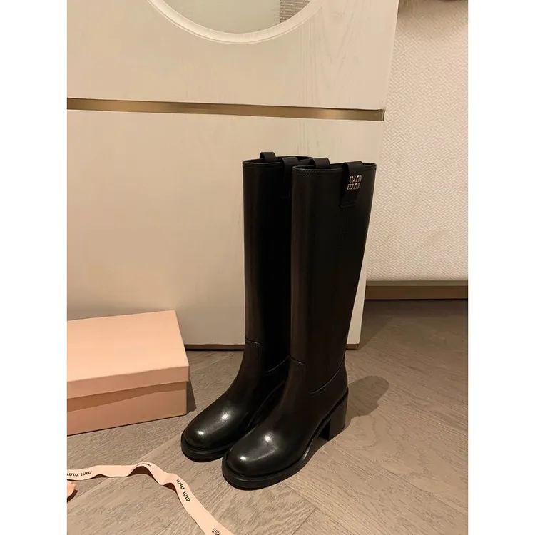 牛皮版~阿miu真皮厚底不过膝长靴女显瘦百搭瘦瘦长筒靴高筒骑士靴