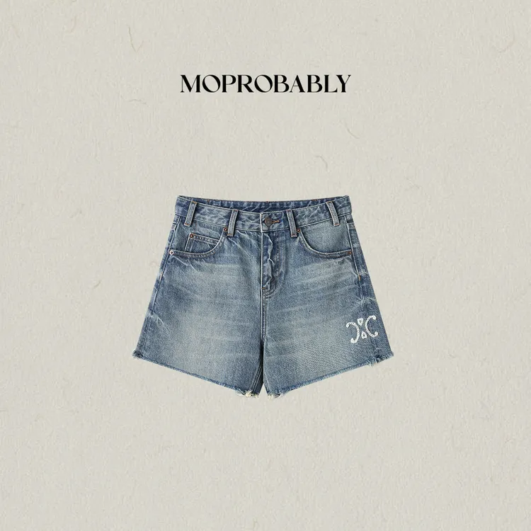 Moprobably李予诺「凯旋白标」“100棉”阔腿毛边牛仔短裤L5273031